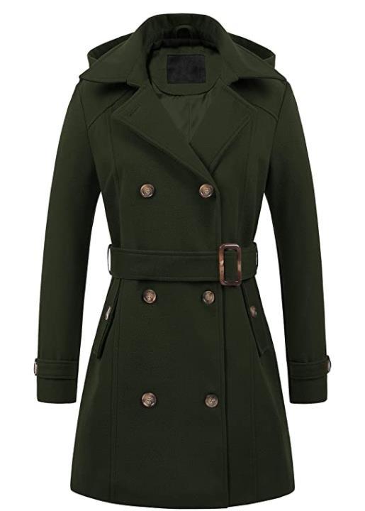 Women's Elegant Peacoat with Double-Breasted Button Placket and Waist Belt