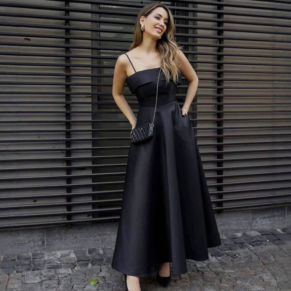 Women's Evening Dress with Fine Spaghetti Straps and Flowing Skirt