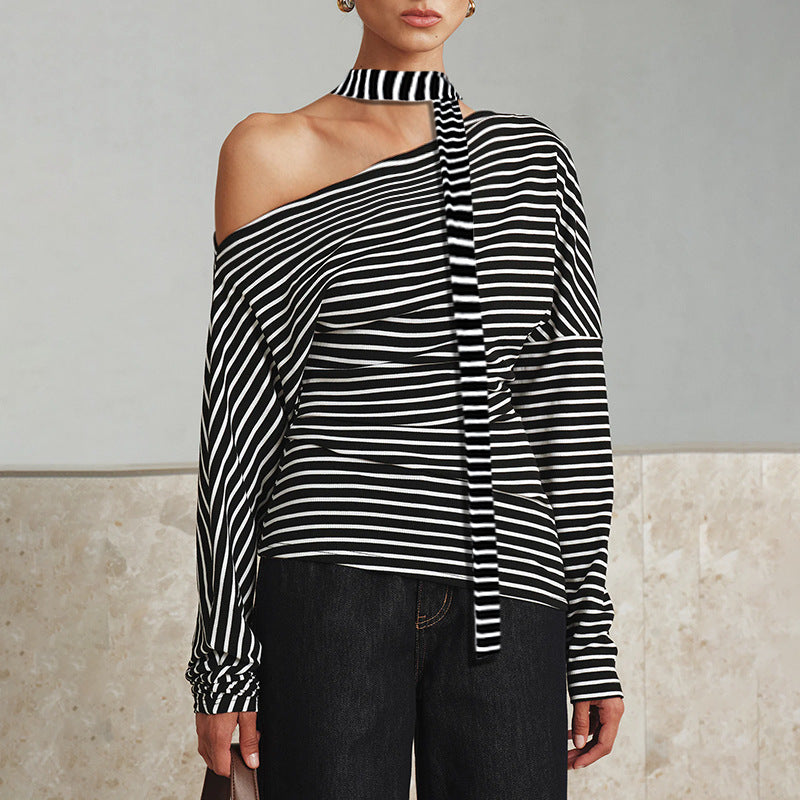 Women's Asymmetrical Long-Sleeve Shirt with Fashionable Stripes and Halter Neck