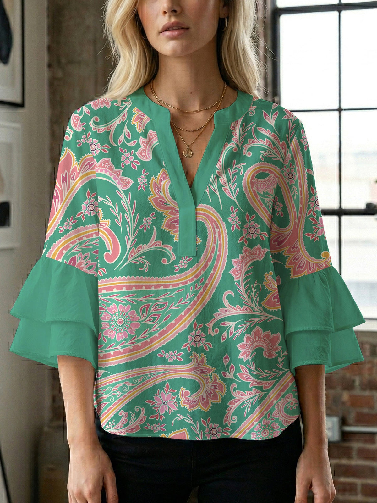 Women's Floral Top with Voluminous Ruffled Sleeves