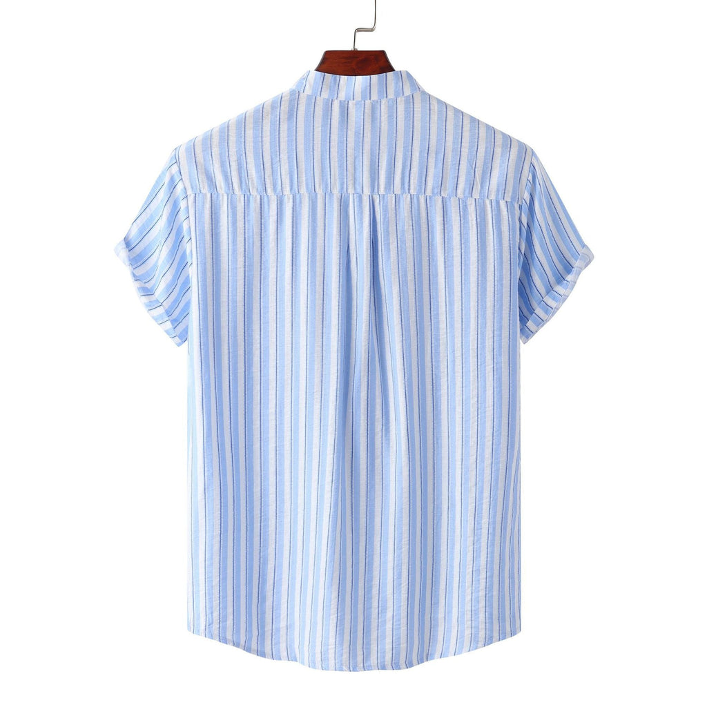 Women's Short-Sleeve Shirt with Casual Stand-Up Collar and Fine Stripe Pattern