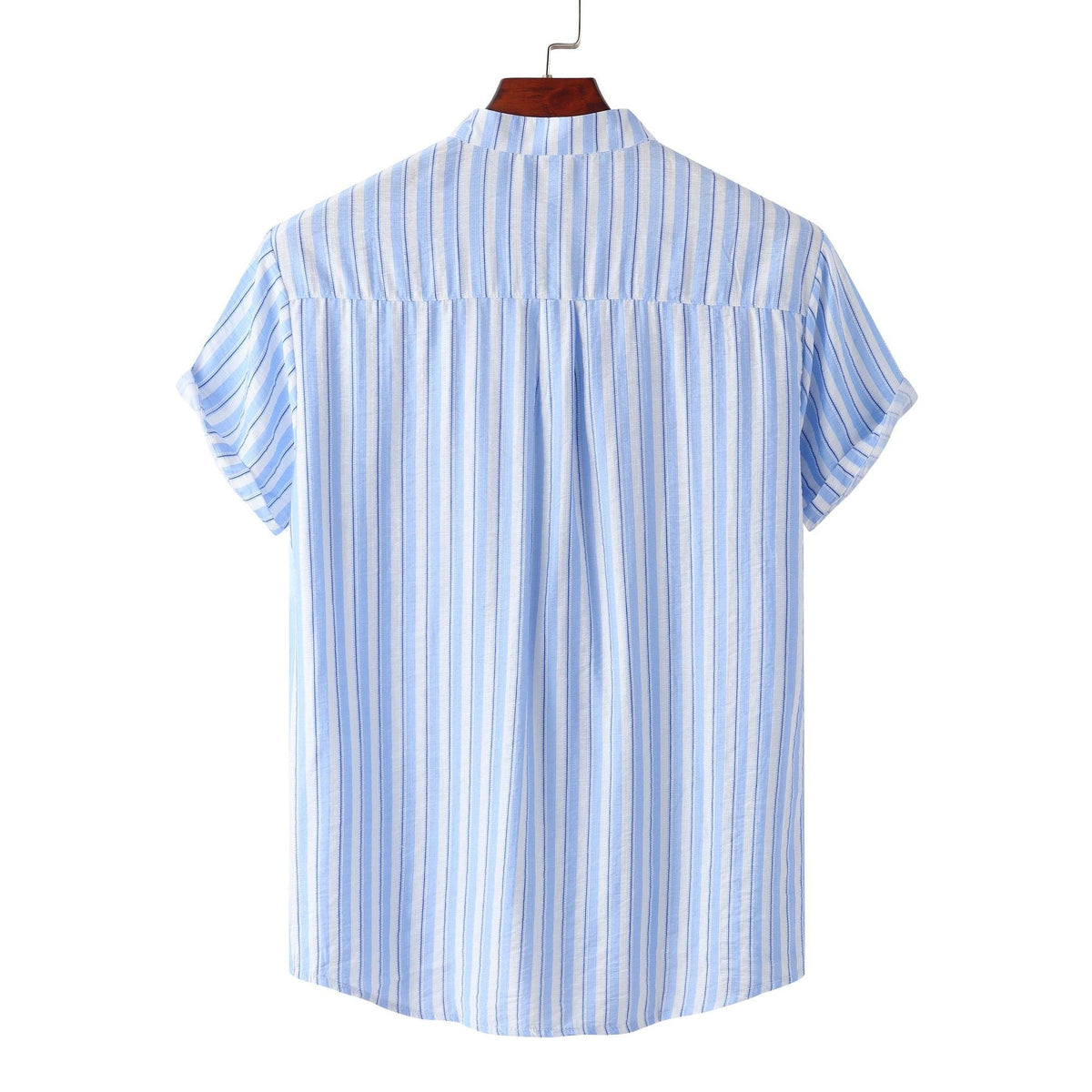 Women's Short-Sleeve Shirt with Casual Stand-Up Collar and Fine Stripe Pattern