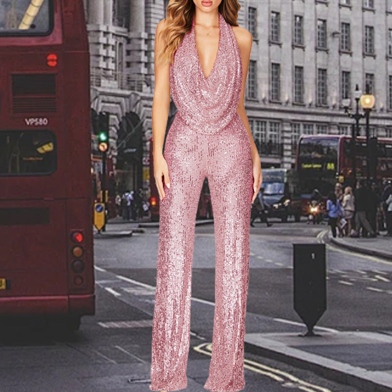Glittering V-Neck Jumpsuit with Wide Legs