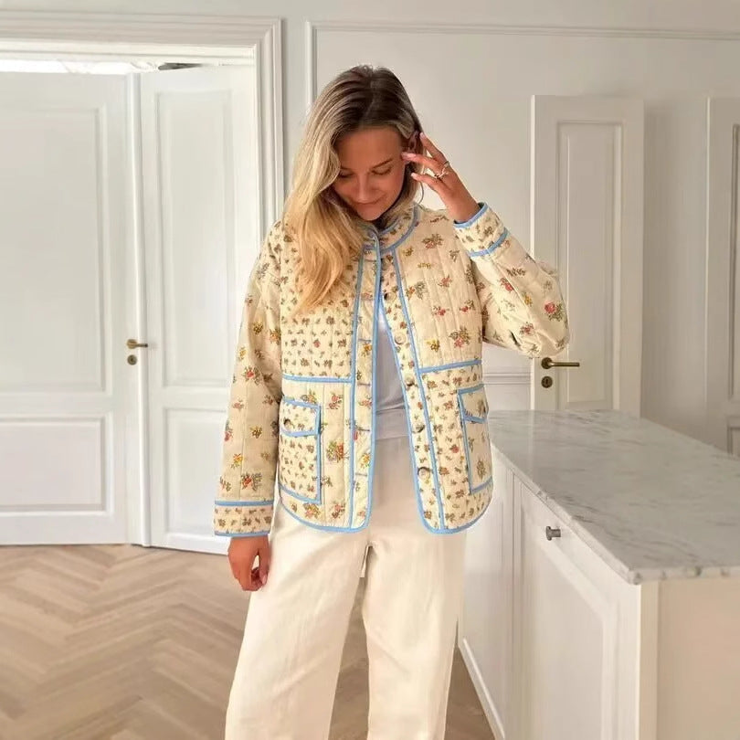 Women's Floral Quilted Jacket with Pockets