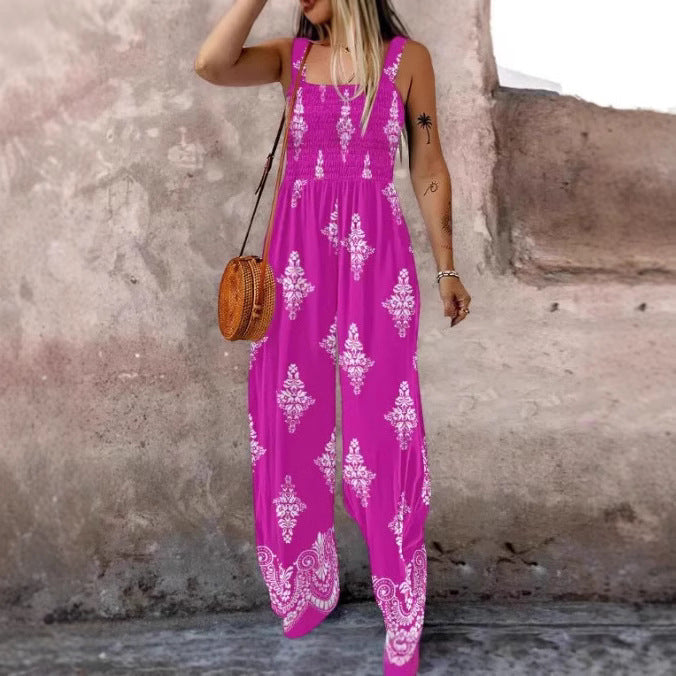 Women's Jumpsuit with Elastic Waist and Floral Details