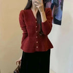 Elegant Knit Cardigan with Textured Design and Puff Sleeves