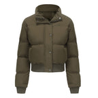 Women's Cropped Quilted Jacket with High Collar and Snap Buttons