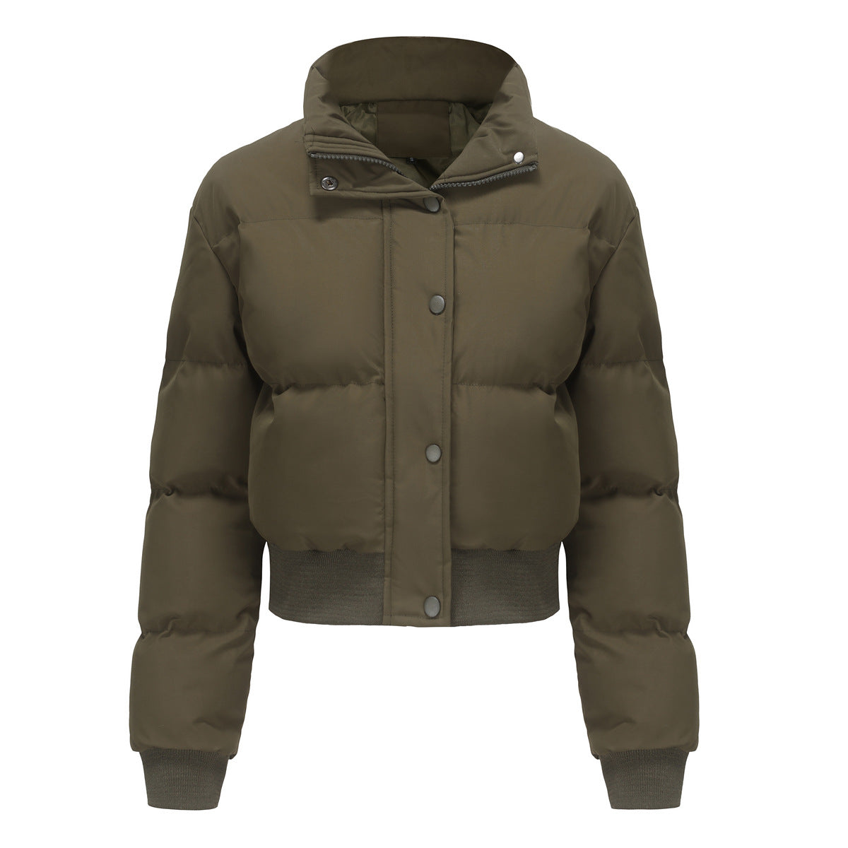 Women's Cropped Quilted Jacket with High Collar and Snap Buttons