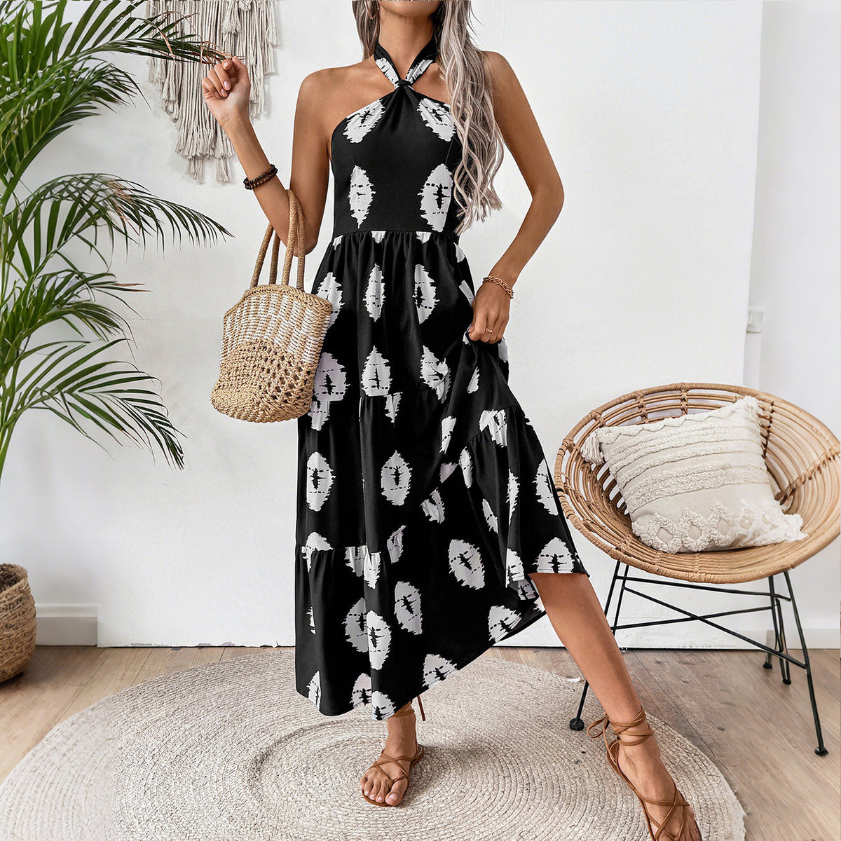 Women's Boho Maxi Dress with Asymmetrical Straps