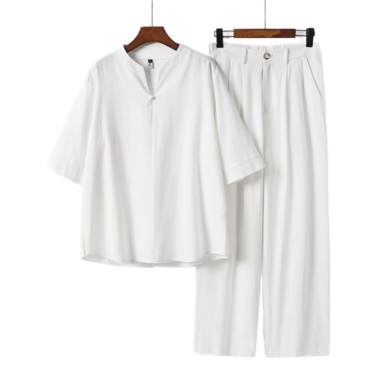 Men's Two-Piece Lightweight Leisure Set with Stand Collar and Elastic Waist Pants