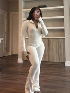 Figure-Hugging Tracksuit with Zipper and Flared Leg
