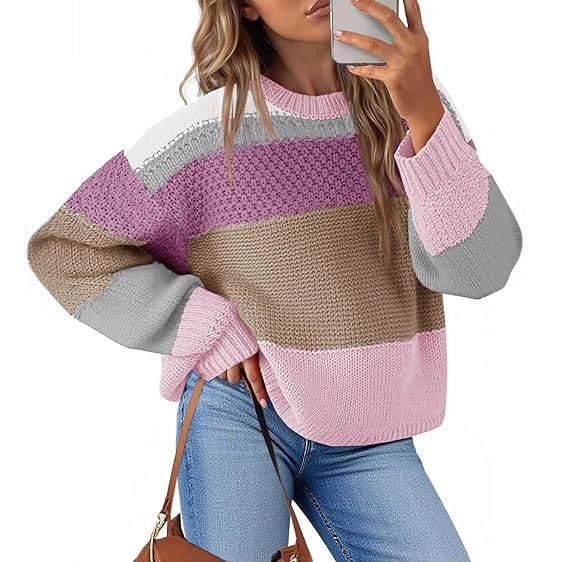 Women's Chunky Knit Sweater with Color Block Design and Oversized Fit