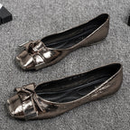 Women's Ballet Flats with Elegant Bow and Glossy Patent Finish