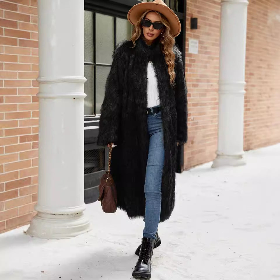 Women's Long Faux Fur Coat with Stand-Up Collar and Pockets