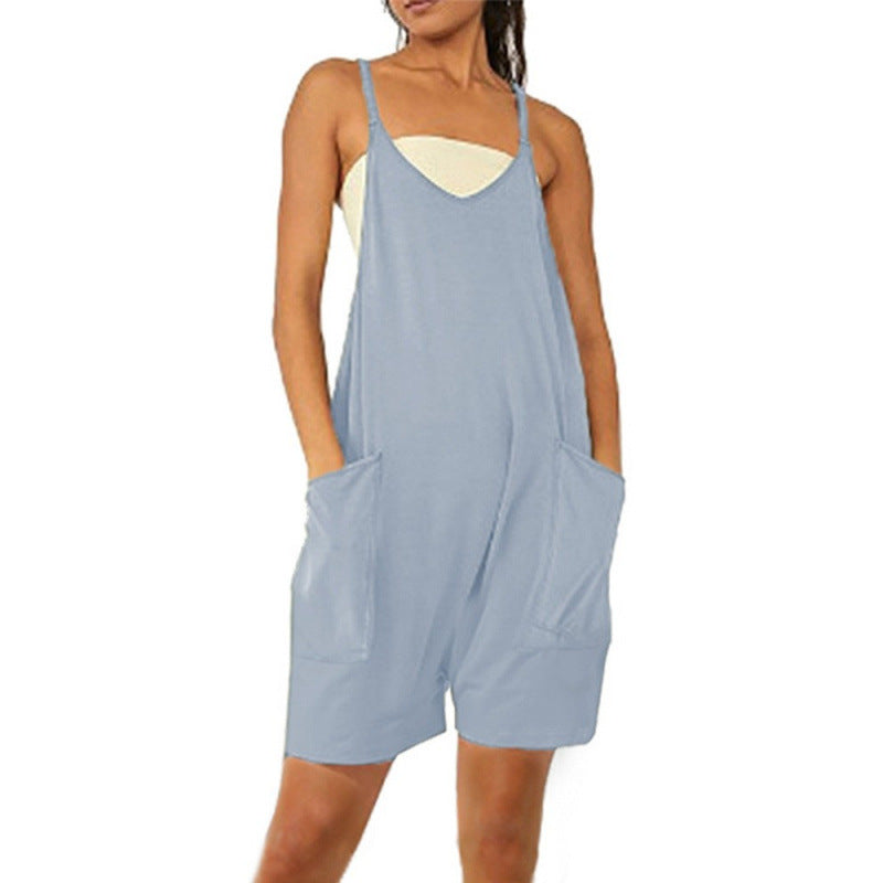 Women's Casual Jumpsuit with Deep Neckline and Practical Pockets