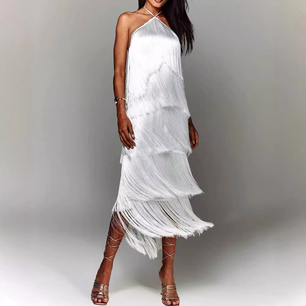 Elegant Fringe Maxi Dress with Shimmering Detail