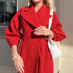 Women's Elegant Trench Coat with High Slit and Puff Sleeves