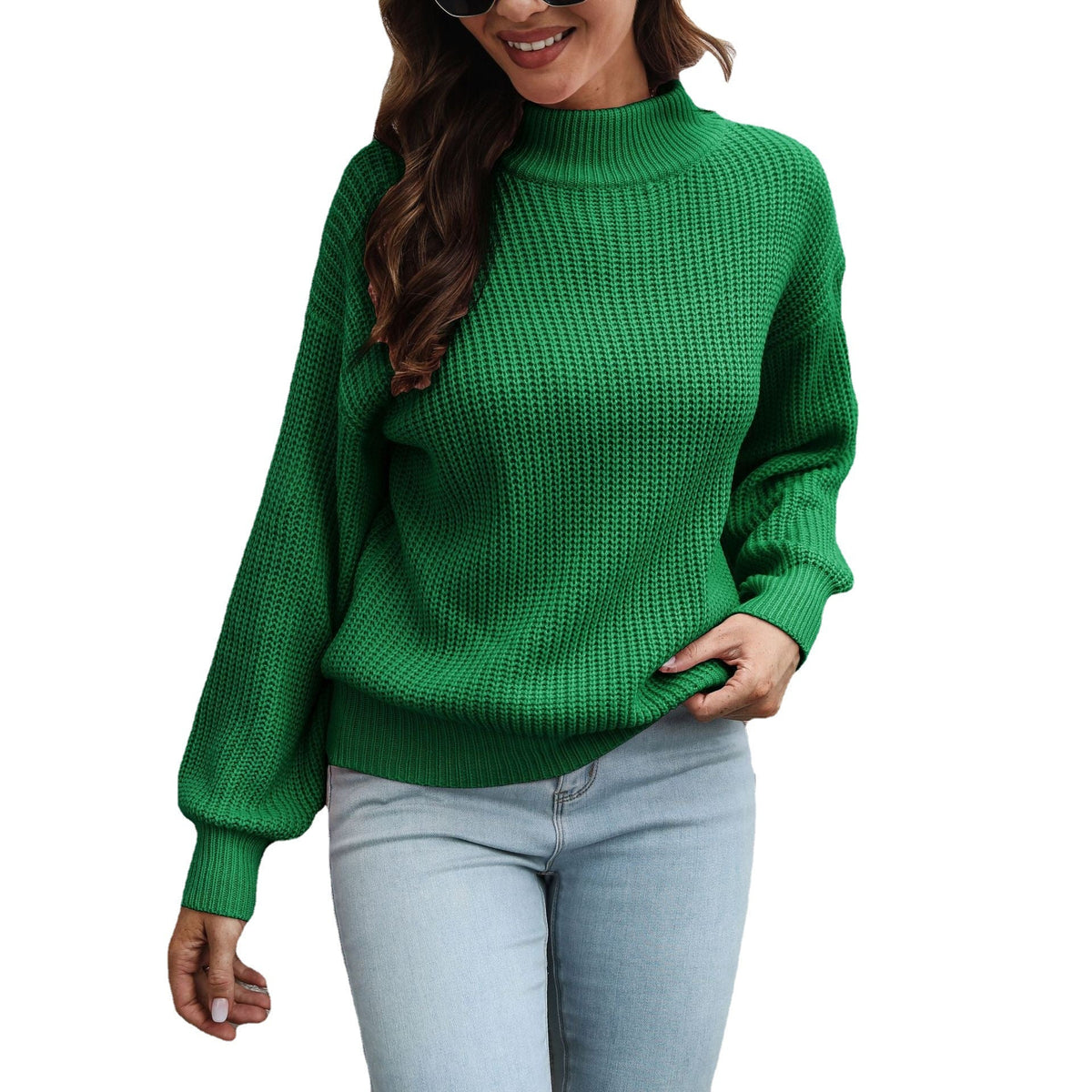 Women's Chunky Knit Sweater with High Collar and Dropped Sleeves