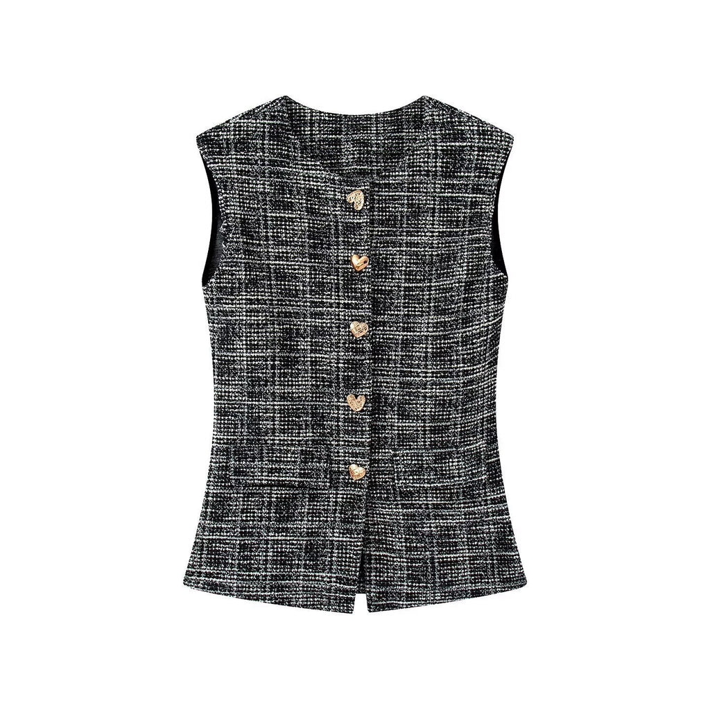 Women's Elegant Plaid Trousers with Slim Cut and Decorative Buttons