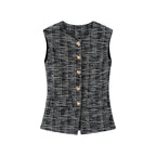 Women's Elegant Plaid Trousers with Slim Cut and Decorative Buttons