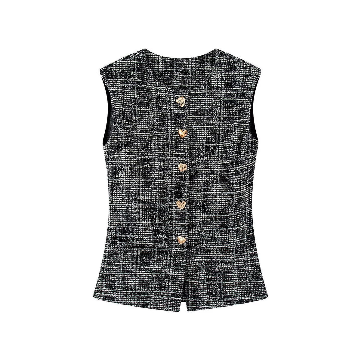 Women's Elegant Plaid Trousers with Slim Cut and Decorative Buttons