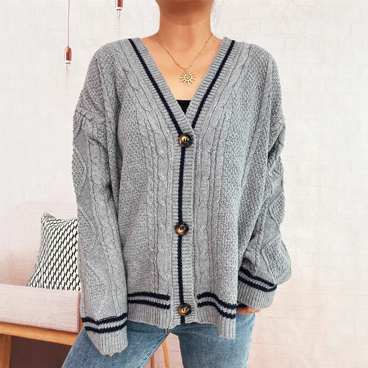 Women's Cozy Cardigan with Star Appliqués and Modern Details