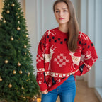 Women's Patterned Christmas Sweater with Festive Reindeer Design and Oversized Fit