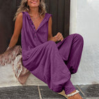 Women's Casual Jumpsuit with Hood and Button Details