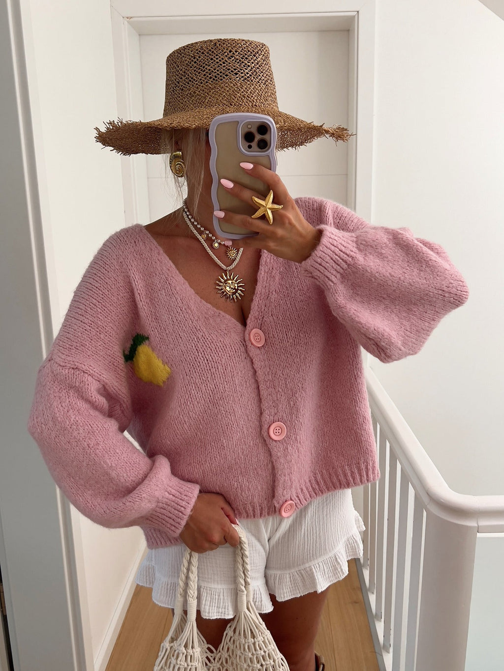 Women's Chunky Knit Cardigan with Cheerful Motif