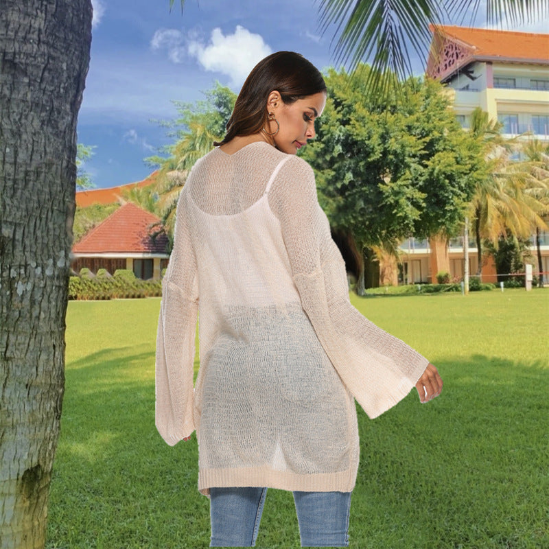 Long Knit Cardigan with Casual Cut and Wide Sleeves