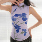 Women's Sleeveless Floral Print Top with Stand-Up Collar
