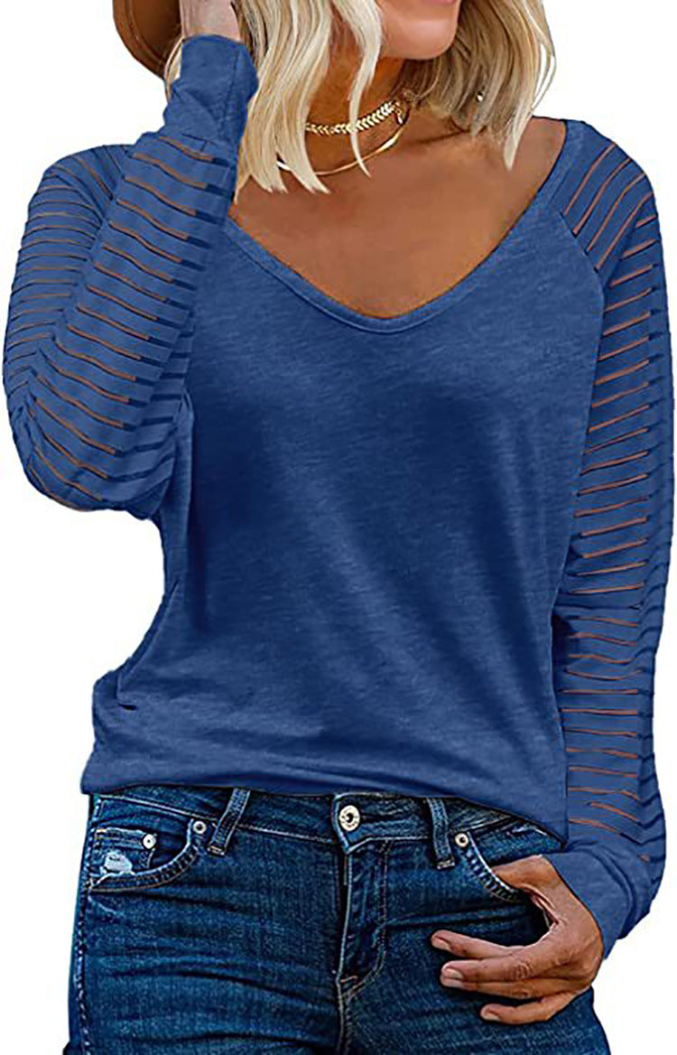 Women's Long-Sleeve V-Neck Shirt with Striped Sleeves