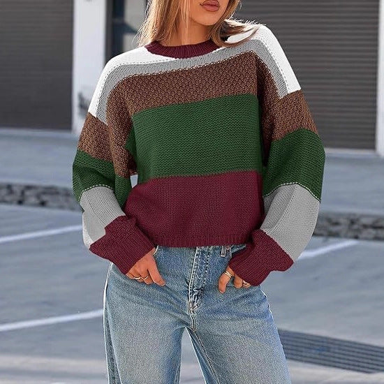 Women's Chunky Knit Sweater with Color Block Design and Oversized Fit