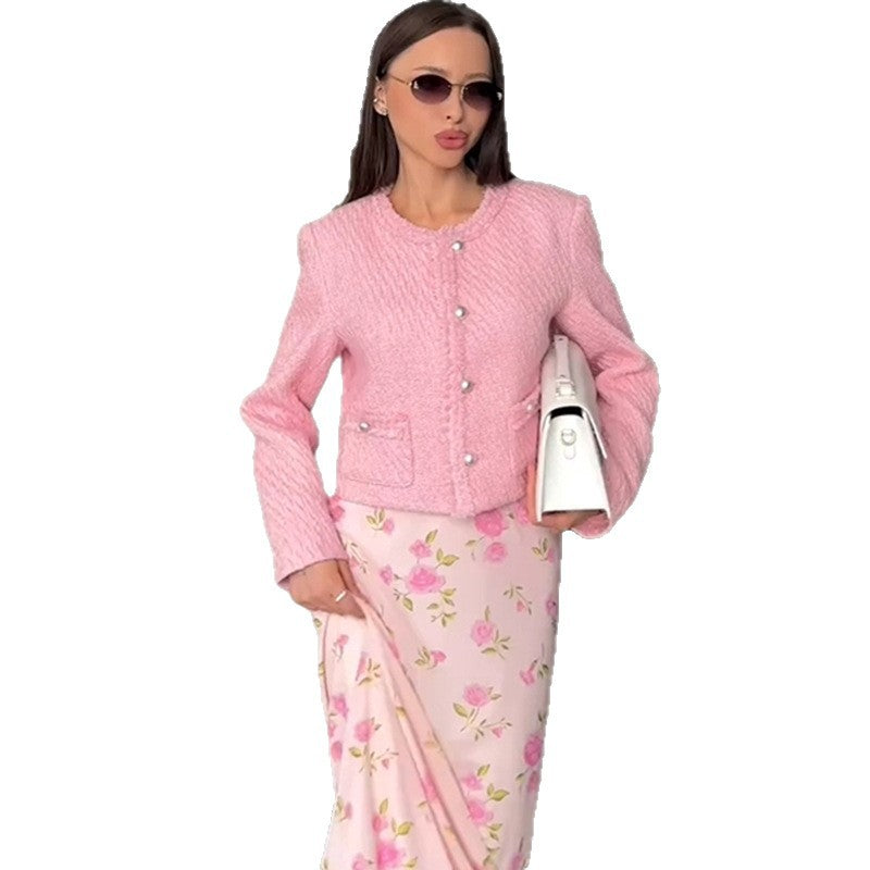 Women's Elegant Short Jacket with Textured Surface and Feminine Details