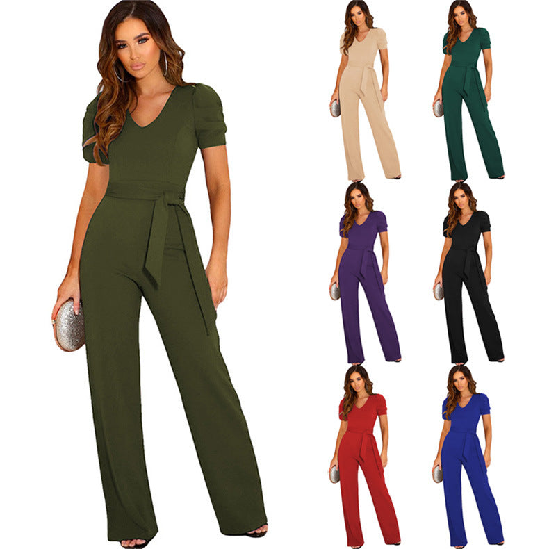 Elegant Women's Jumpsuit with Waist Belt and Puff Sleeves