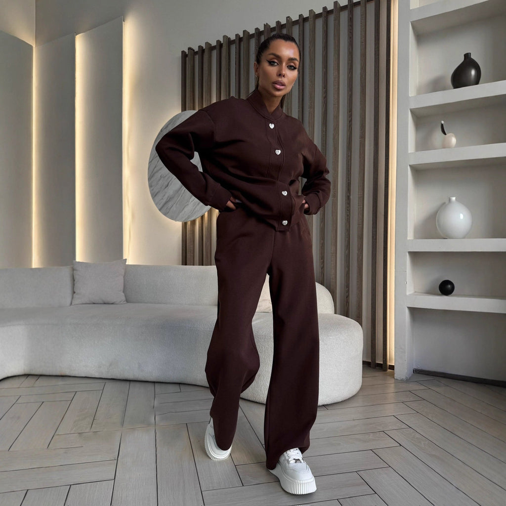 Elegant and Comfortable Leisure Set with Button Placket and Wide Cut