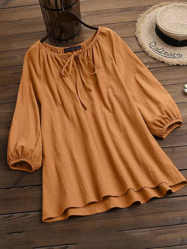 Women's Blouse with Elegant Round Neck and Puff Sleeves