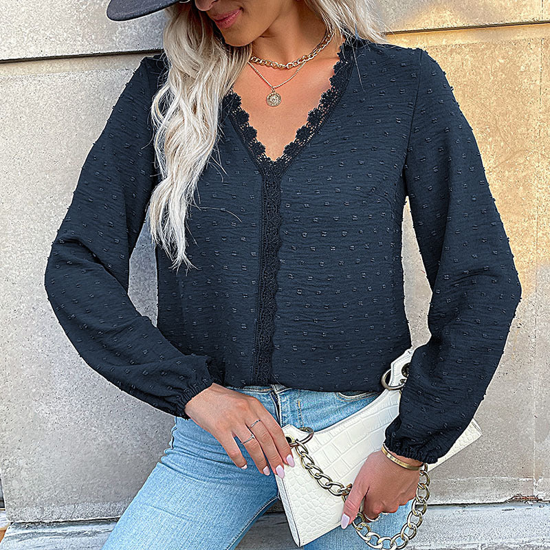 Women's Blouse with Fine Texture Details and Romantic Lace Insert