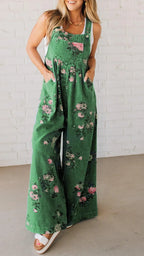 Women's Casual Denim Jumpsuit with Floral Print and Wide Legs