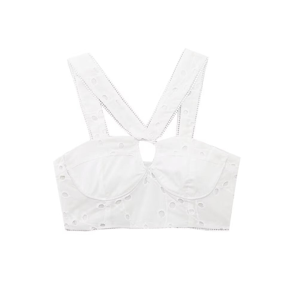 Women's Brocade Crop Top with Elegant Neckline and Embellished Straps