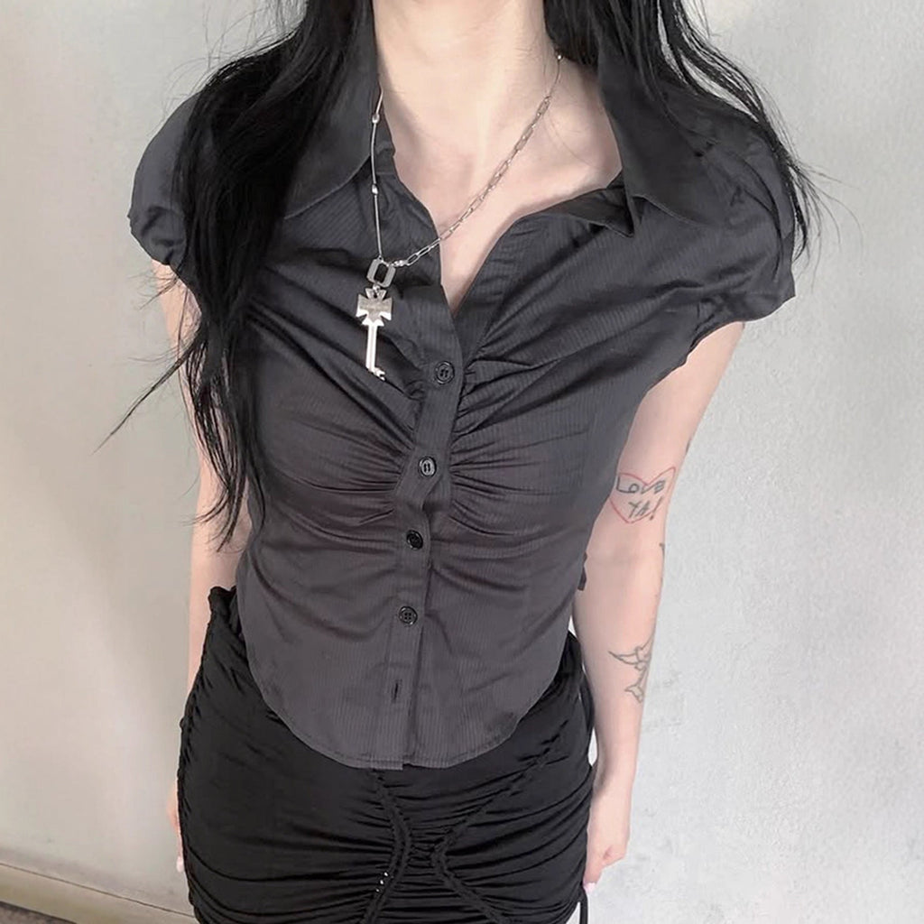 Women's Short Sleeve Blouse with Ruching and Button Placket