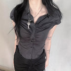 Women's Short Sleeve Blouse with Ruching and Button Placket