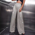 Women's Glamorous Wide-Leg Maxi Pants with Glitter Stripes