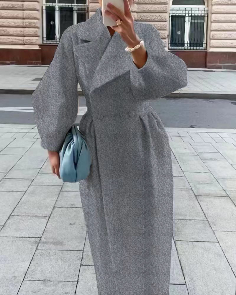 Women's Elegant Trench Coat with High Slit and Puff Sleeves