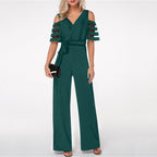 Elegant Jumpsuit with Sheer Sleeve Details and Waist Belt