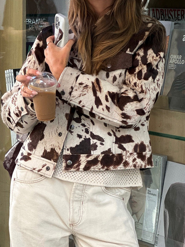 Women's Casual Cow-Print Denim Jacket