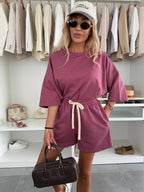 Women's Casual Oversized T-Shirt and Shorts Set with Adjustable Waist