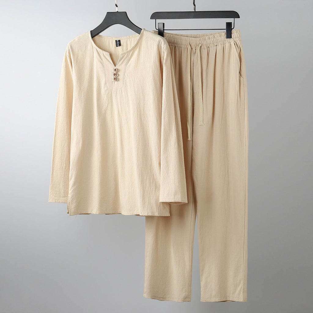 Women's Comfortable Cotton Loungewear Set with Henley Neckline and Drawstring Pants