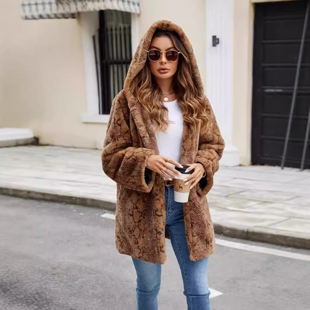 Women's Luxury Faux Fur Coat with Hood