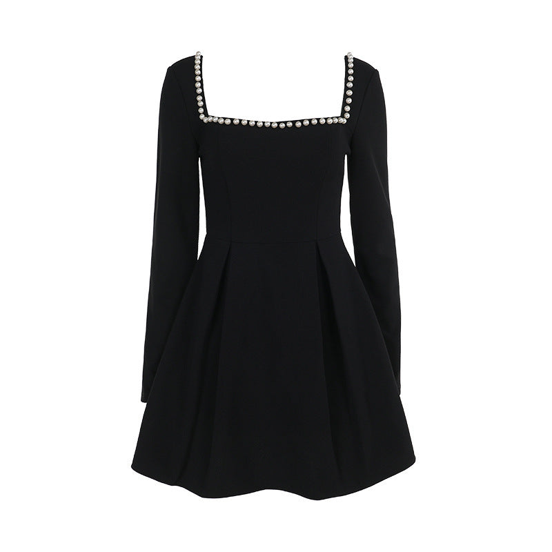 Women's Cocktail Dress with Square Neckline and Pearl Details